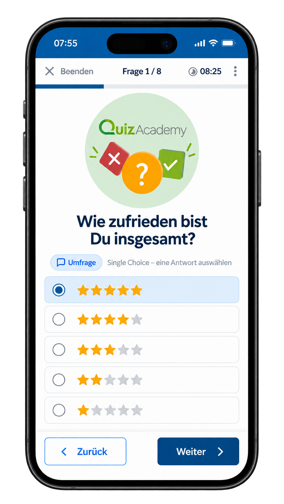 Fragebogen mit QuizAcademy auf dem Smartphone erstellen