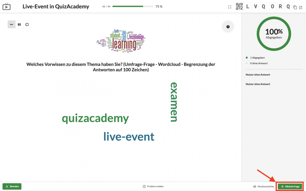 Erstes Live-Event spielen - Wordcloud auswerten - Nächste Frage