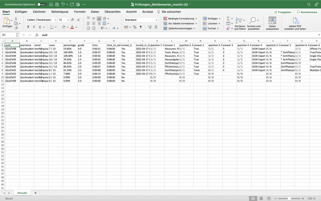 Prüfungen und Wettbewerbe Ergebnisse Excel